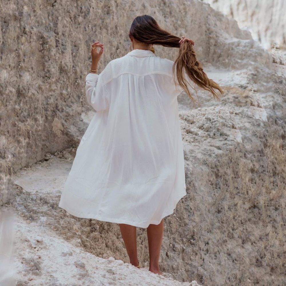 MYRAH PENALOZA WHITE SHORT KUNDALINI GOWN DRESS button up collar long sleeve - Picture 2 of 15